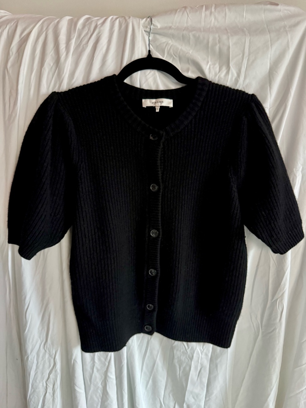 FRAME Shrunken Short Sleeve Cardigan Black Wool Cashmere Puff Sleeve M $448